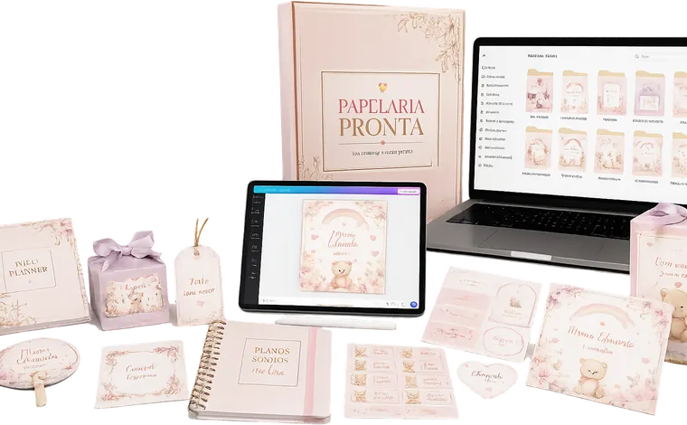 Produtos criados a partir do acervo Papelaria Pronta: planners, cadernos, tags, convites e etiquetas personalizadas, com as pastas abertas no notebook e um modelo sendo editado no tablet
